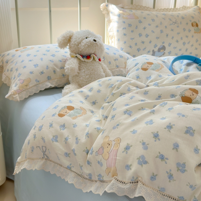 91家纺网 家纺一手货源 找家纺 曼之夏 2025新款小清新全棉双层纱四件套 哈基米