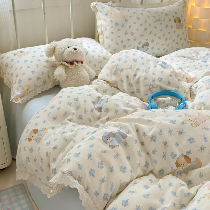 91家纺网 家纺一手货源 找家纺 曼之夏 2025新款小清新全棉双层纱四件套 哈基米