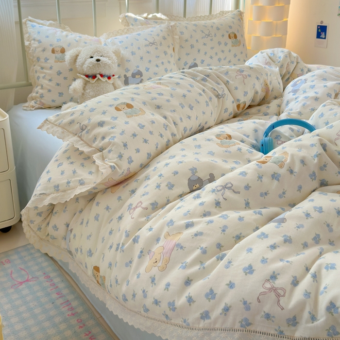 91家纺网 家纺一手货源 找家纺 曼之夏 2025新款小清新全棉双层纱四件套 哈基米