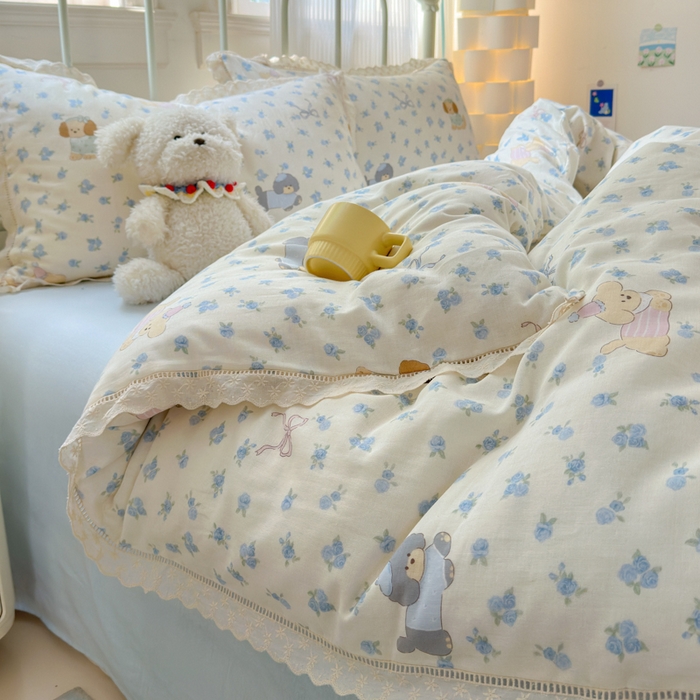 91家纺网 家纺一手货源 找家纺 曼之夏 2025新款小清新全棉双层纱四件套 哈基米