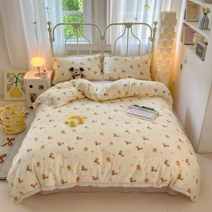 91家纺网 家纺一手货源 找家纺 曼之夏 2025新款小清新全棉双层纱四件套 黄油小熊