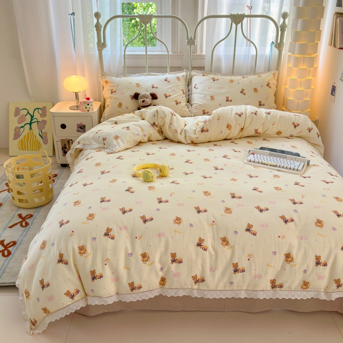 91家纺网 家纺一手货源 找家纺 曼之夏 2025新款小清新全棉双层纱四件套 黄油小熊