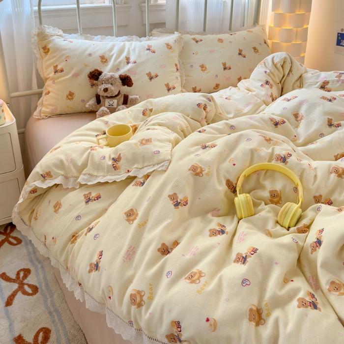 91家纺网 家纺一手货源 找家纺 曼之夏 2025新款小清新全棉双层纱四件套 黄油小熊