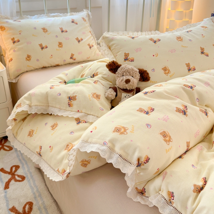 曼之夏 2025新款小清新全棉双层纱四件套 黄油小熊