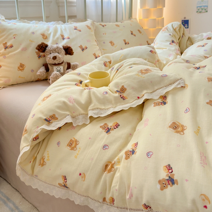 91家纺网 家纺一手货源 找家纺 曼之夏 2025新款小清新全棉双层纱四件套 黄油小熊