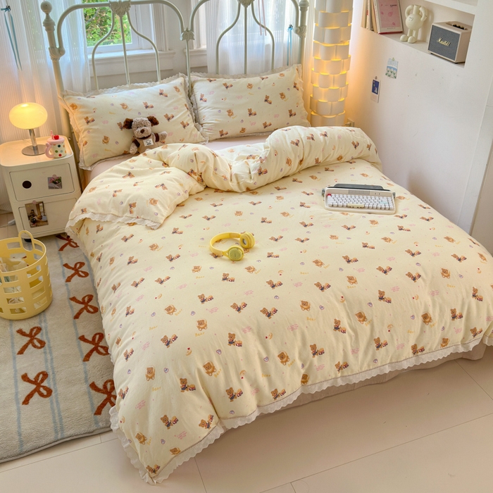 91家纺网 家纺一手货源 找家纺 曼之夏 2025新款小清新全棉双层纱四件套 黄油小熊