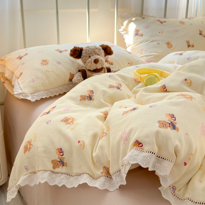 91家纺网 家纺一手货源 找家纺 曼之夏 2025新款小清新全棉双层纱四件套 黄油小熊