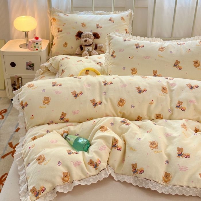 91家纺网 家纺一手货源 找家纺 曼之夏 2025新款小清新全棉双层纱四件套 黄油小熊