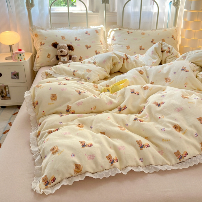 91家纺网 家纺一手货源 找家纺 曼之夏 2025新款小清新全棉双层纱四件套 黄油小熊