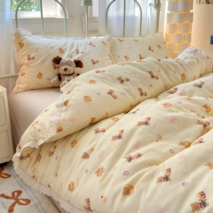 91家纺网 家纺一手货源 找家纺 曼之夏 2025新款小清新全棉双层纱四件套 黄油小熊