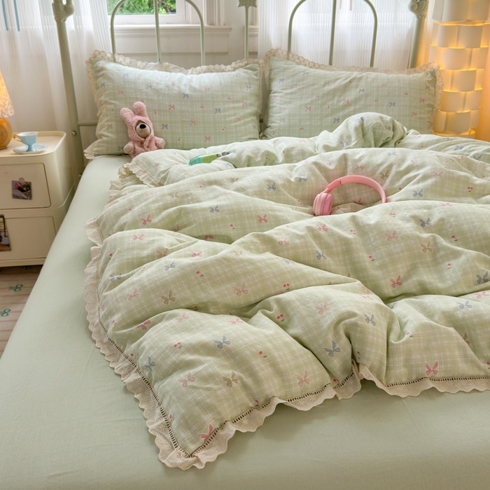 91家纺网 家纺一手货源 找家纺 曼之夏 2025新款小清新全棉双层纱四件套 可颂