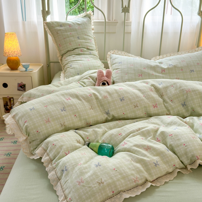 91家纺网 家纺一手货源 找家纺 曼之夏 2025新款小清新全棉双层纱四件套 可颂