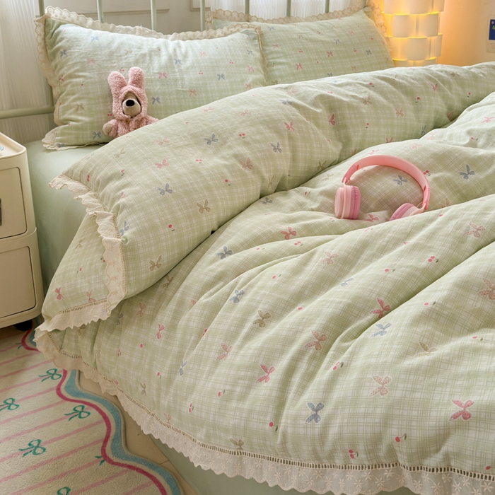 91家纺网 家纺一手货源 找家纺 曼之夏 2025新款小清新全棉双层纱四件套 可颂