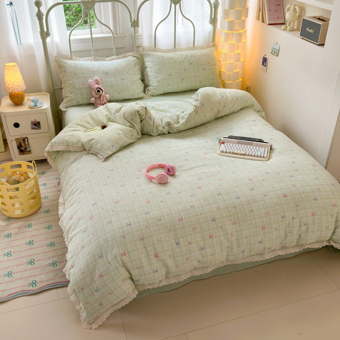 91家纺网 家纺一手货源 找家纺 曼之夏 2025新款小清新全棉双层纱四件套 可颂