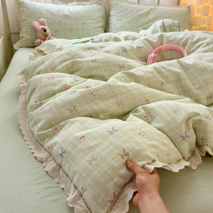 91家纺网 家纺一手货源 找家纺 曼之夏 2025新款小清新全棉双层纱四件套 可颂