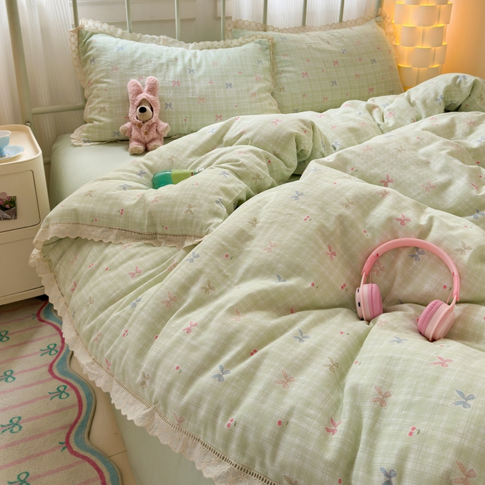 91家纺网 家纺一手货源 找家纺 曼之夏 2025新款小清新全棉双层纱四件套 可颂