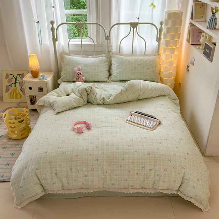 91家纺网 家纺一手货源 找家纺 曼之夏 2025新款小清新全棉双层纱四件套 可颂