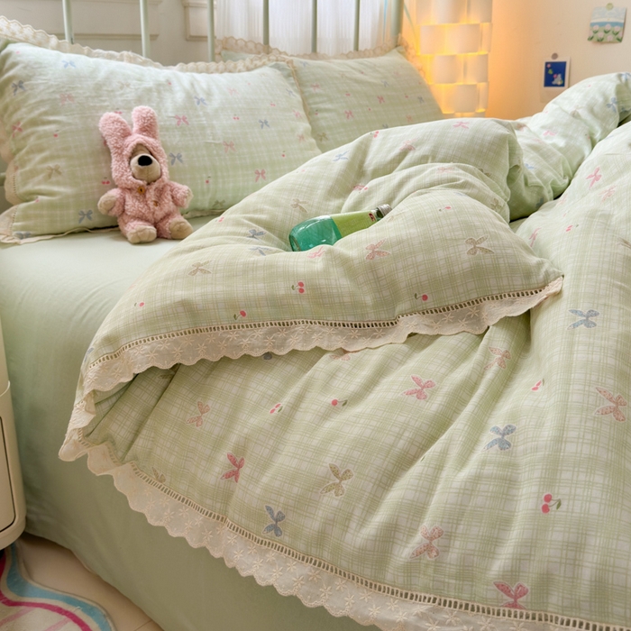 91家纺网 家纺一手货源 找家纺 曼之夏 2025新款小清新全棉双层纱四件套 可颂