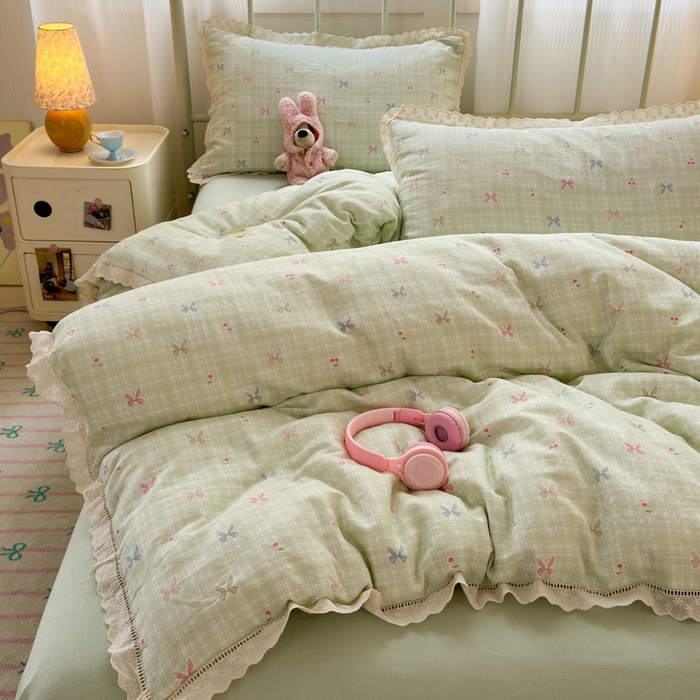 91家纺网 家纺一手货源 找家纺 曼之夏 2025新款小清新全棉双层纱四件套 可颂