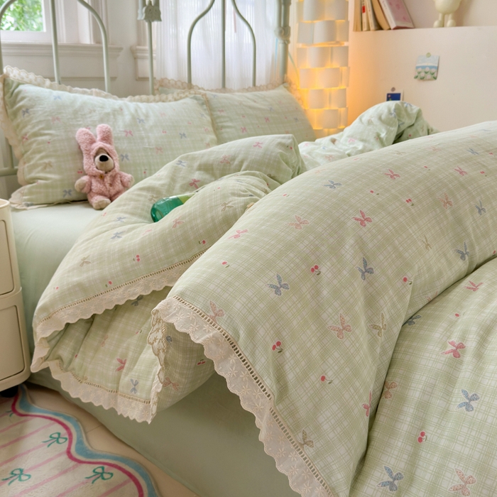 91家纺网 家纺一手货源 找家纺 曼之夏 2025新款小清新全棉双层纱四件套 可颂