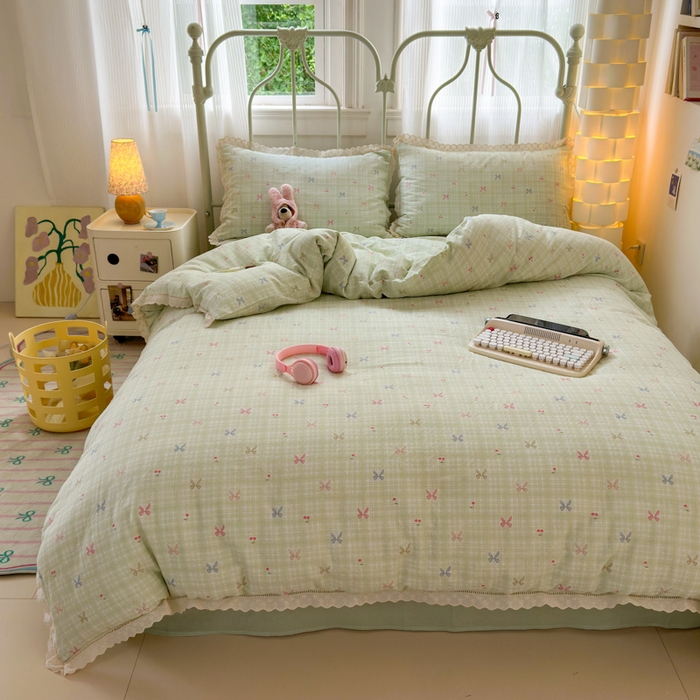 91家纺网 家纺一手货源 找家纺 曼之夏 2025新款小清新全棉双层纱四件套 可颂