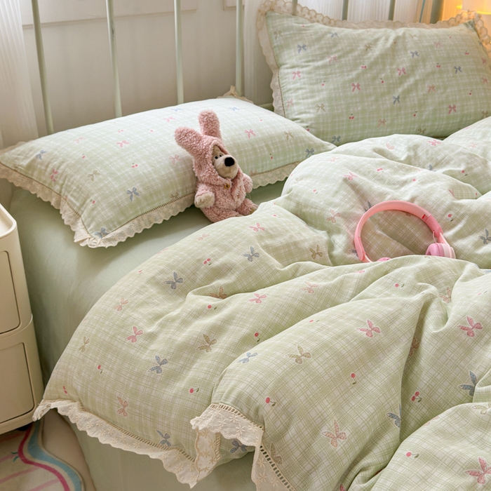 91家纺网 家纺一手货源 找家纺 曼之夏 2025新款小清新全棉双层纱四件套 可颂