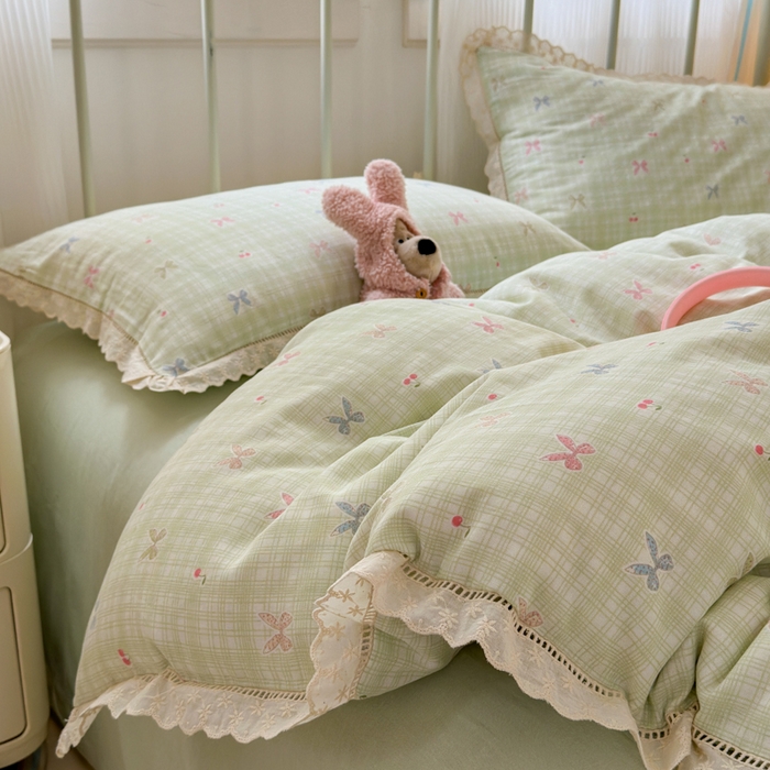 91家纺网 家纺一手货源 找家纺 曼之夏 2025新款小清新全棉双层纱四件套 可颂