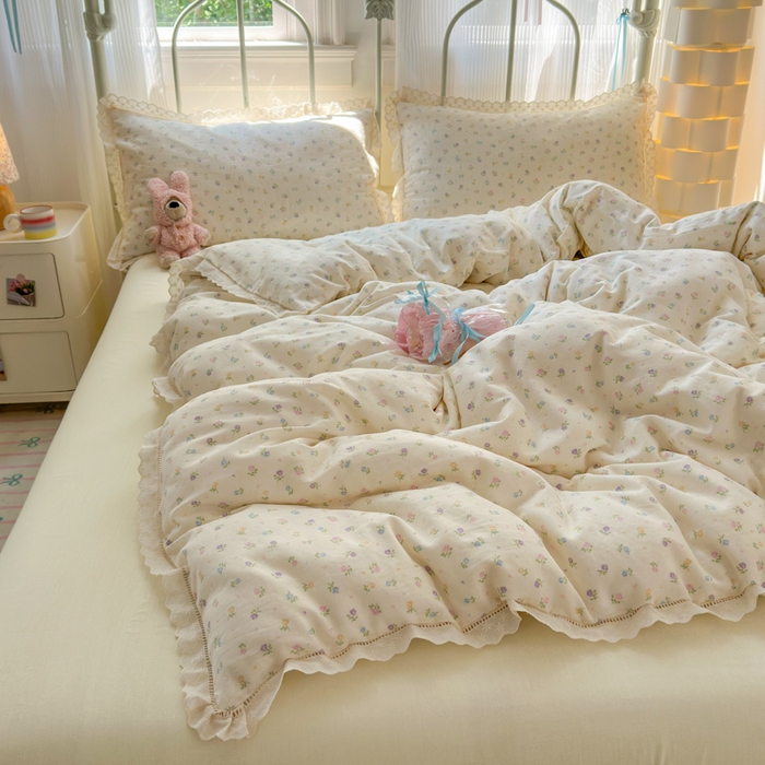 91家纺网 家纺一手货源 找家纺 曼之夏 2025新款小清新全棉双层纱四件套 晴天