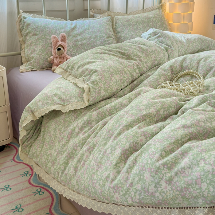 91家纺网 家纺一手货源 找家纺 曼之夏 2025新款小清新全棉双层纱四件套 如愿