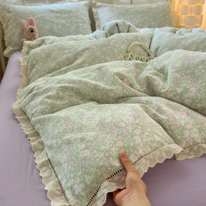 91家纺网 家纺一手货源 找家纺 曼之夏 2025新款小清新全棉双层纱四件套 如愿