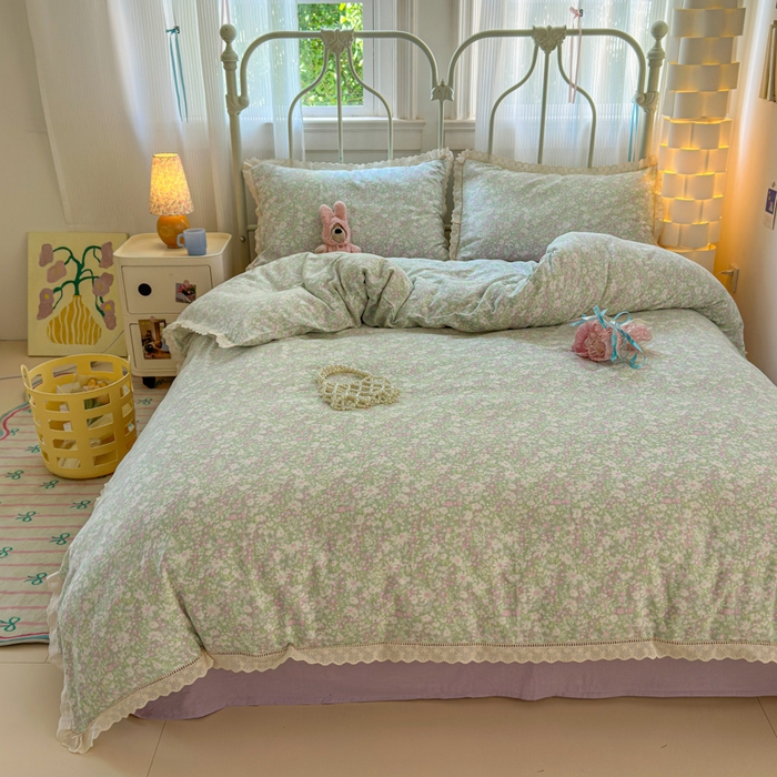 91家纺网 家纺一手货源 找家纺 曼之夏 2025新款小清新全棉双层纱四件套 如愿