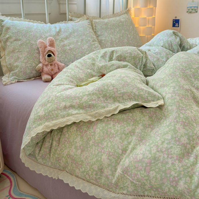 91家纺网 家纺一手货源 找家纺 曼之夏 2025新款小清新全棉双层纱四件套 如愿