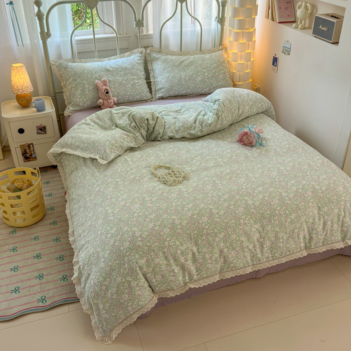 91家纺网 家纺一手货源 找家纺 曼之夏 2025新款小清新全棉双层纱四件套 如愿