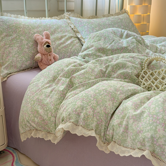 91家纺网 家纺一手货源 找家纺 曼之夏 2025新款小清新全棉双层纱四件套 如愿