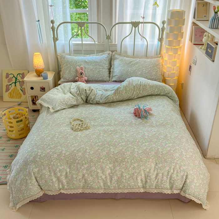 91家纺网 家纺一手货源 找家纺 曼之夏 2025新款小清新全棉双层纱四件套 如愿