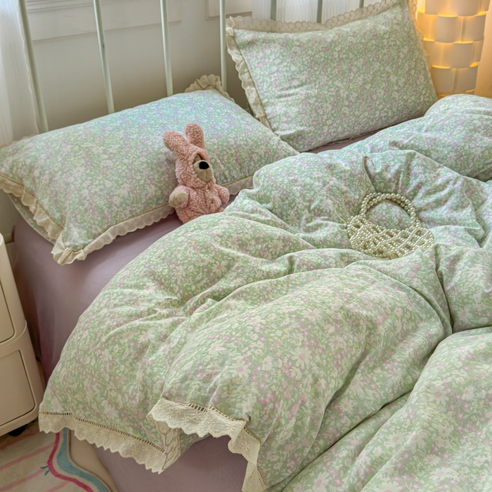 91家纺网 家纺一手货源 找家纺 曼之夏 2025新款小清新全棉双层纱四件套 如愿