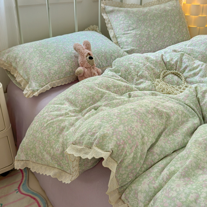 91家纺网 家纺一手货源 找家纺 曼之夏 2025新款小清新全棉双层纱四件套 如愿