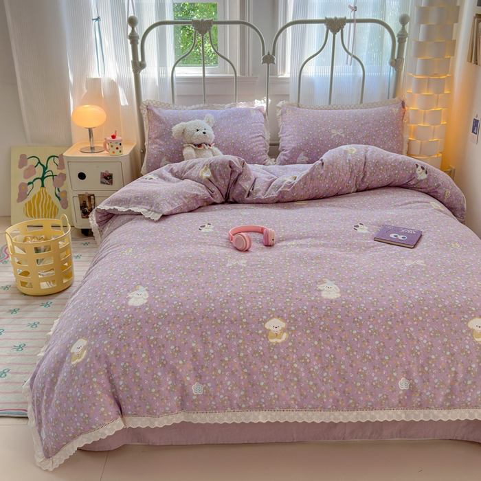 91家纺网 家纺一手货源 找家纺 曼之夏 2025新款小清新全棉双层纱四件套 碎花西高地