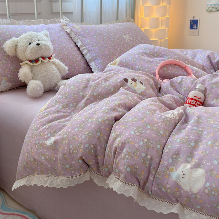 91家纺网 家纺一手货源 找家纺 曼之夏 2025新款小清新全棉双层纱四件套 碎花西高地