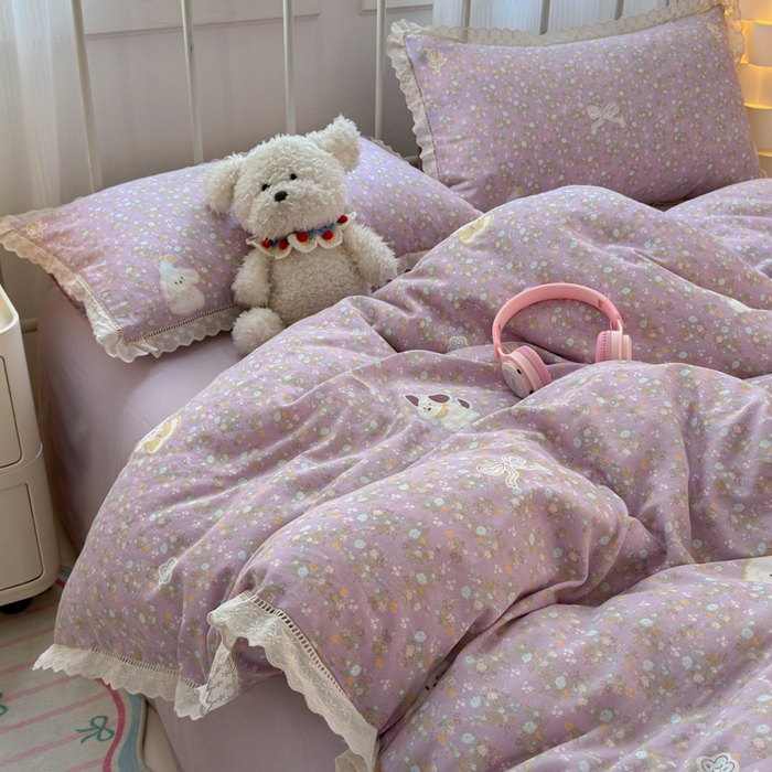 91家纺网 家纺一手货源 找家纺 曼之夏 2025新款小清新全棉双层纱四件套 碎花西高地