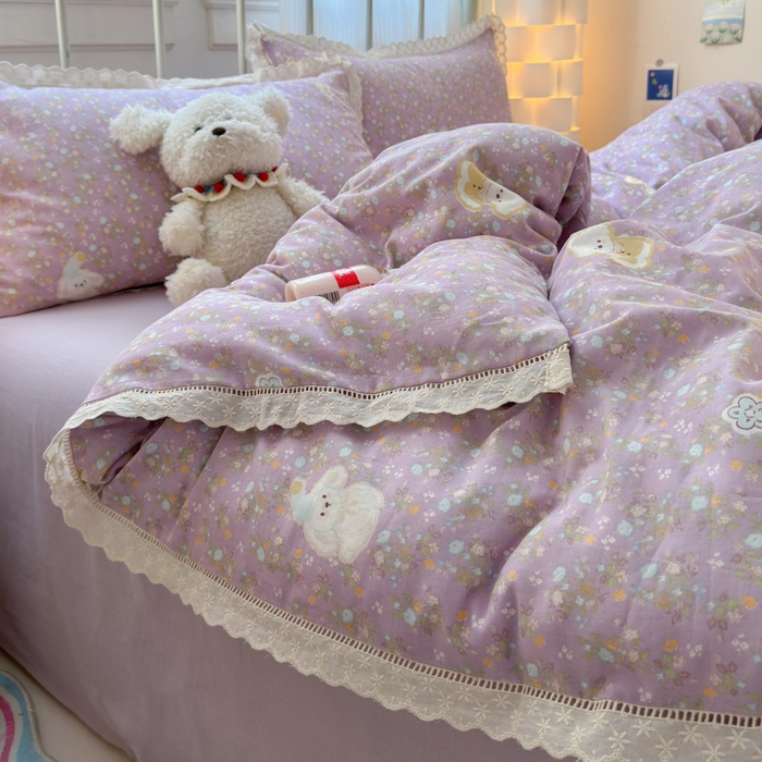 91家纺网 家纺一手货源 找家纺 曼之夏 2025新款小清新全棉双层纱四件套 碎花西高地