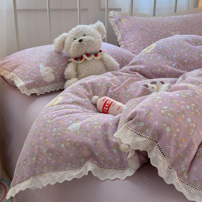 91家纺网 家纺一手货源 找家纺 曼之夏 2025新款小清新全棉双层纱四件套 碎花西高地