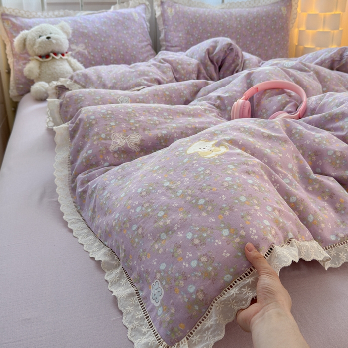 91家纺网 家纺一手货源 找家纺 曼之夏 2025新款小清新全棉双层纱四件套 碎花西高地