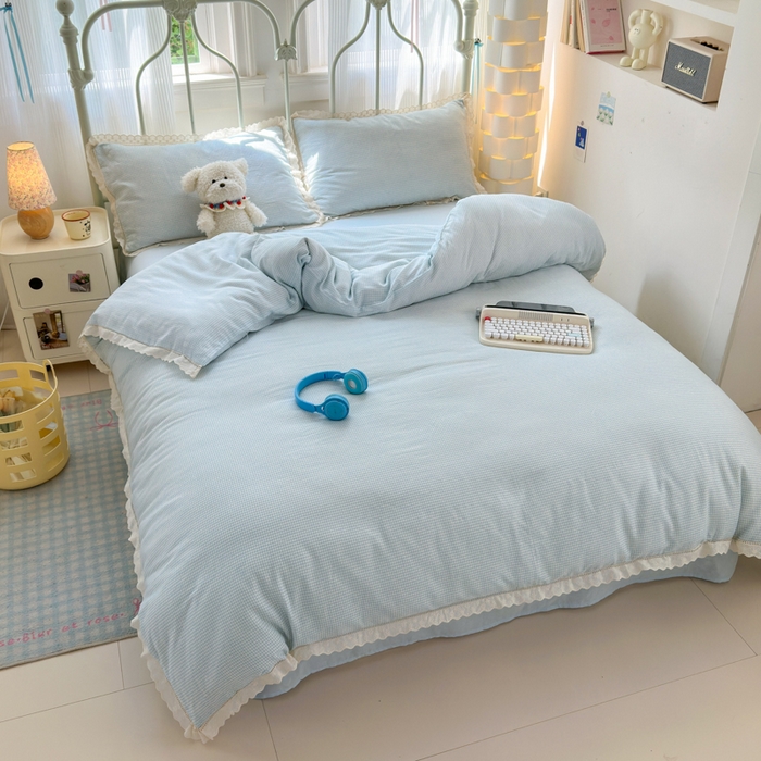 91家纺网 家纺一手货源 找家纺 曼之夏 2025新款小清新全棉双层纱四件套 吾欢喜