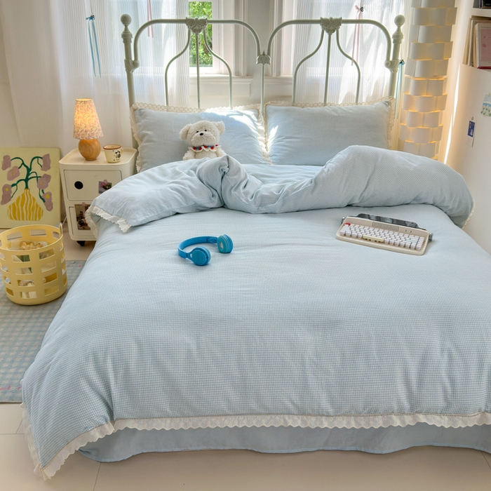 91家纺网 家纺一手货源 找家纺 曼之夏 2025新款小清新全棉双层纱四件套 吾欢喜