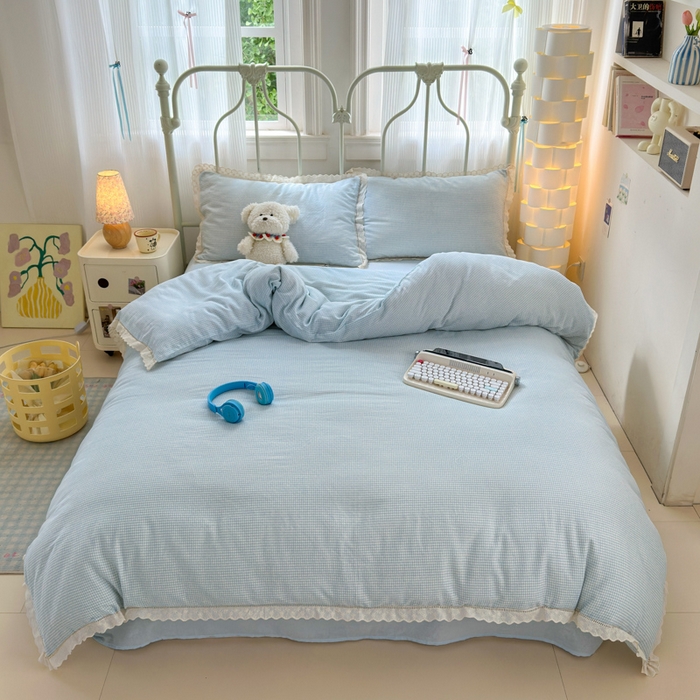 91家纺网 家纺一手货源 找家纺 曼之夏 2025新款小清新全棉双层纱四件套 吾欢喜