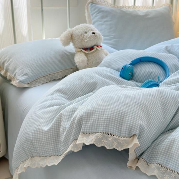 91家纺网 家纺一手货源 找家纺 曼之夏 2025新款小清新全棉双层纱四件套 吾欢喜