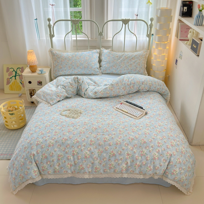 91家纺网 家纺一手货源 找家纺 曼之夏 2025新款小清新全棉双层纱四件套 夏日限定