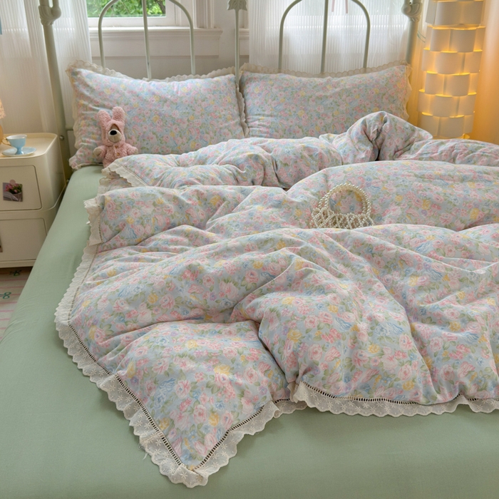 91家纺网 家纺一手货源 找家纺 曼之夏 2025新款小清新全棉双层纱四件套 小满