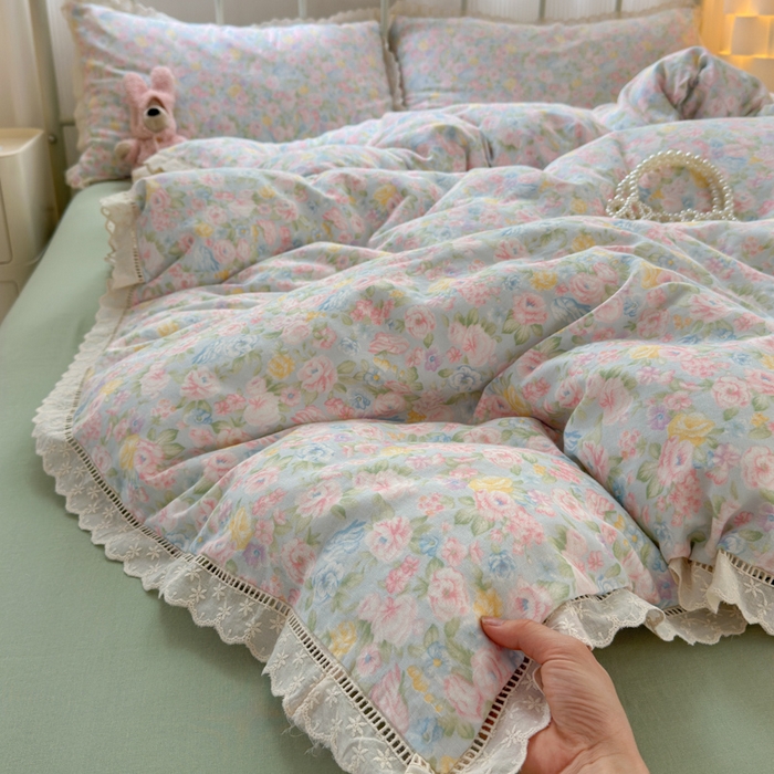 91家纺网 家纺一手货源 找家纺 曼之夏 2025新款小清新全棉双层纱四件套 小满